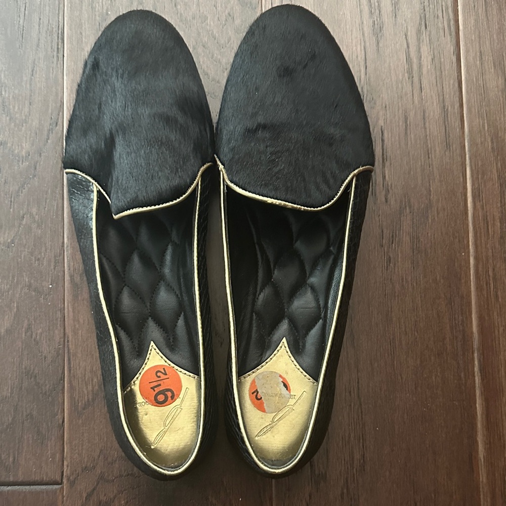 Brian Atwood Black and Gold Calf hair and leather Flats